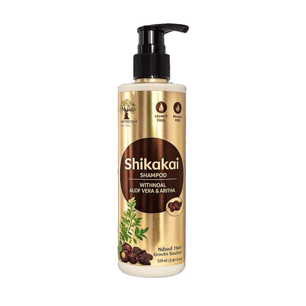 A 300ml pump bottle of Shikakai Shampoo by The Art of Living, featuring a metallic gold label with a black pump dispenser. The label includes a dark brown central circle with white text, and illustrations of withanol, aloe vera, and arnica at the bottom.