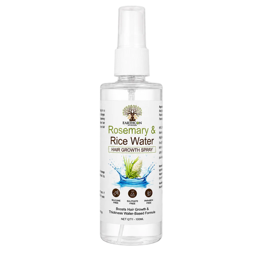 A clear plastic spray bottle of Fairlawn Rosemary & Rice Water Hair Growth Spray with a white spray cap and a white label featuring green and brown text and graphics.